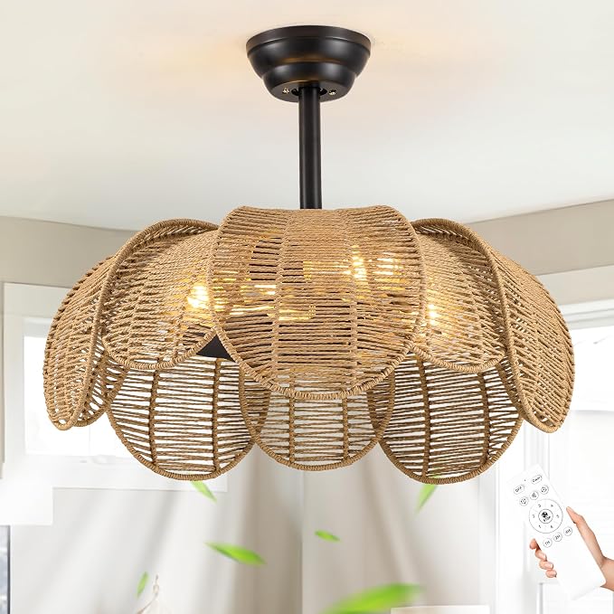 26" Boho Ceiling Fans with Lights and Remote,Black Handwoven Rattan Fandelier with 6 Speeds Timing for Kitchen Island,Dining Room,Living Room,Nursery
