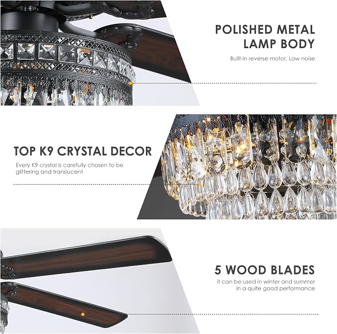 62" Black Crystal Chandelier Ceiling Fans with Lights and Remote Control | Classical Design,6 Reversible Speeds,30W Quiet DC Motor,5 Wooden Blades,3*E12 LED Bulbs Included,for Living Room Bedroom