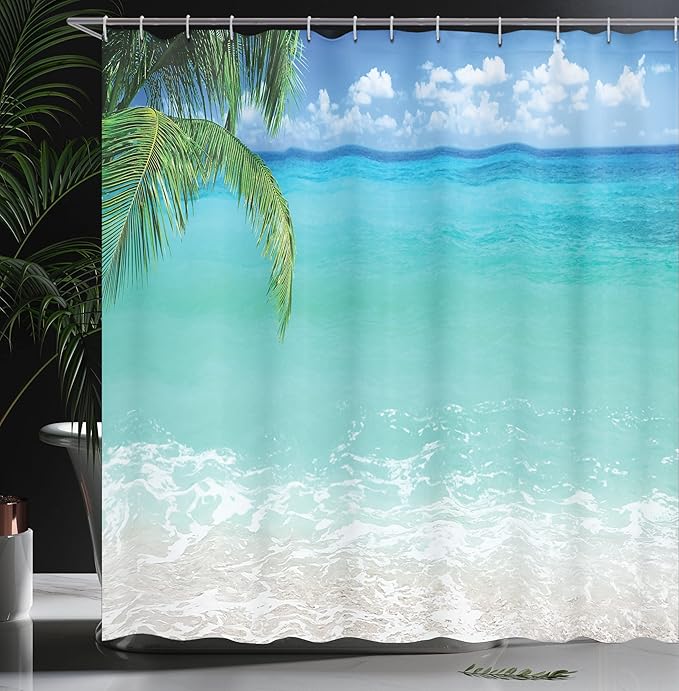 Ambesonne Ocean Shower Curtain, Exotic Lebanon Beach Panoramic Sea View Clean Water and Blue Sky Picture, Cloth Fabric Bathroom Decor Set with Hooks, 69" W x 75" L, Turquoise White