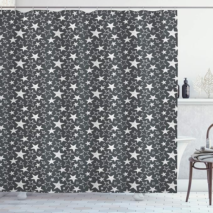 Ambesonne Star Print Shower Curtain, Greyscale Illustration Chalk Design Hand Drawn 5 Pointed Geometric Shapes, Cloth Fabric Bathroom Decor Set with Hooks, 69" W x 84" L, Charcoal Grey White