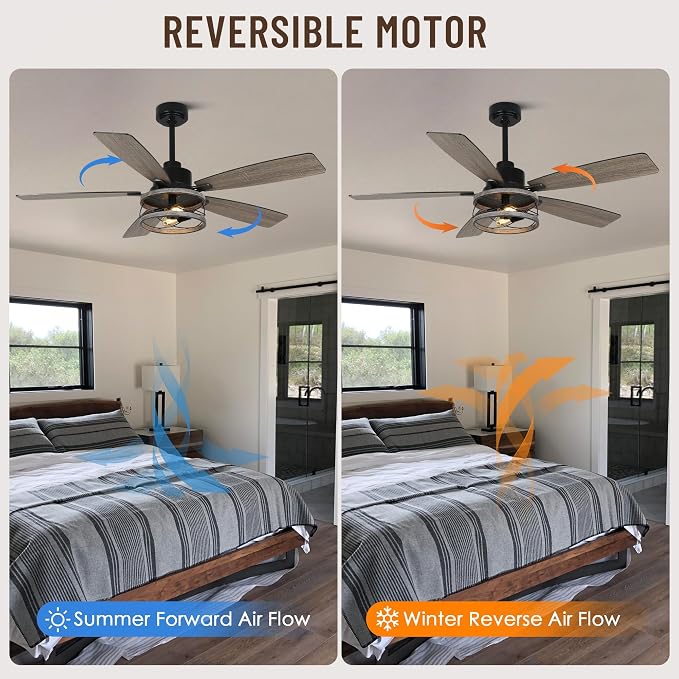 52'' Farmhouse Ceiling Fans with Lights and Remote Control | Reversible DC Motor,5 Double Colour Blades,Rustic Caged Chandelier Ceiling Fan with Light for Living Room,Dining Room,Bedroom