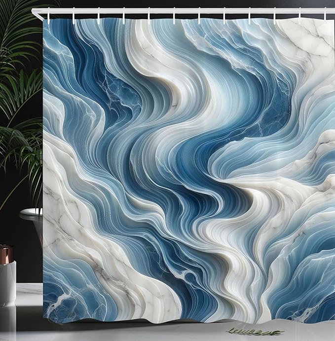 Ambesonne Blue Shower Curtain, Surreal Waves of Marble Print with Oceanic Colors Modern Abstract Style, Cloth Fabric Bathroom Decor Set with Hooks, 69" W x 70" L, Sky Blue and Off White