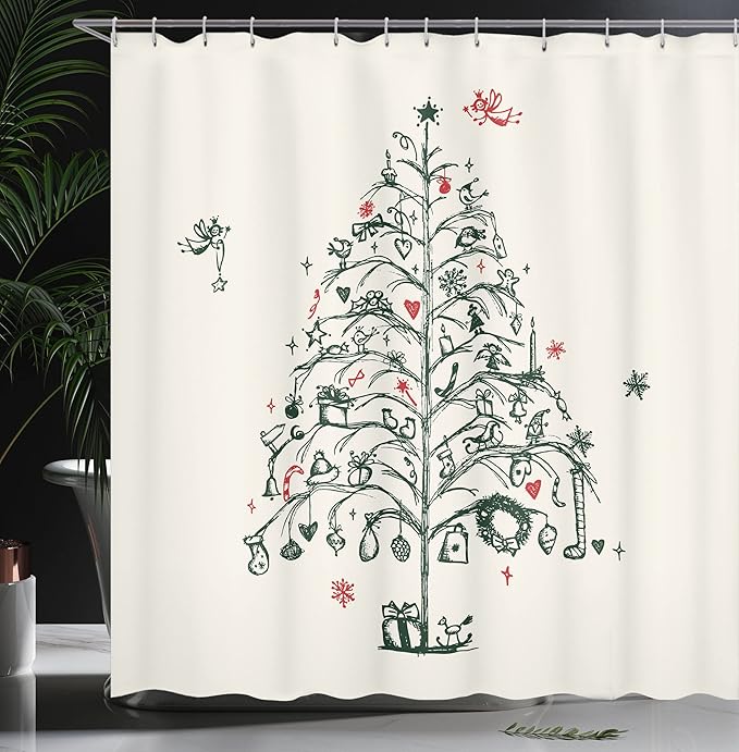 Ambesonne Christmas Shower Curtain, Fairies with Wands and Tree Hand Drawn Style with Wreath and Stockings Image, Cloth Fabric Bathroom Decor Set with Hooks, 69" W x 84" L, Red and Green