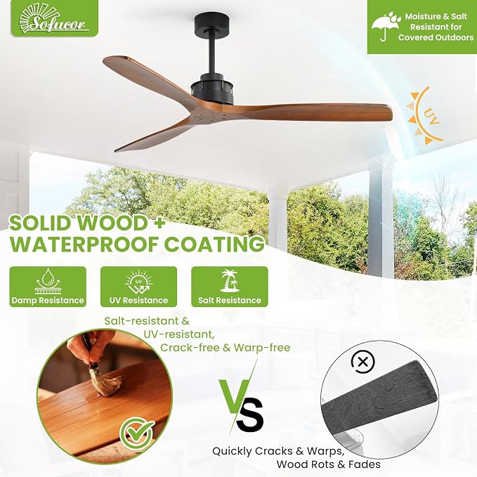 Sofucor 60 Inch Ceiling Fan No Light - Modern Solid Wood Ceiling Fan with Remote, 7000CFM High Airflow, Quiet DC Motor, 3 Rods & 6 Speeds, Timer & Reversible for Bedroom Living Room, ETL, Walnut Wood