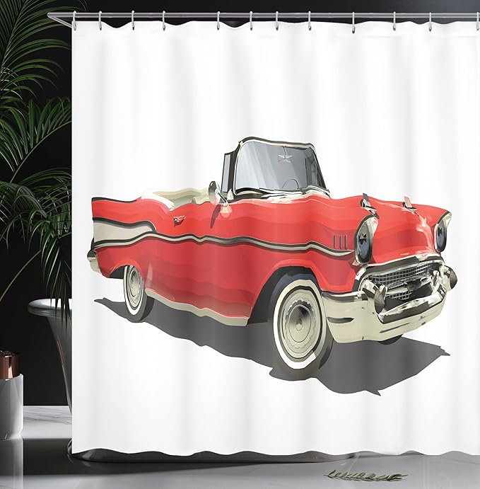 Ambesonne Cars Shower Curtain, Old-Fashioned Car with Open Roof Top Past Times Transportation Theme, Cloth Fabric Bathroom Decor Set with Hooks, 69" W x 70" L, Red Grey