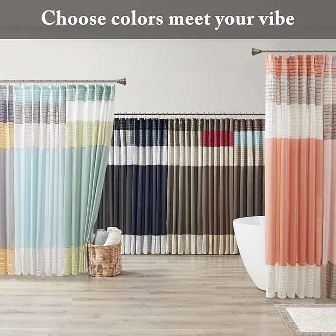 Madison Park Amherst Bathroom Shower Curtain Faux Silk Pieced Striped Modern Microfiber Bath Curtains, 72x84 Inches, Black