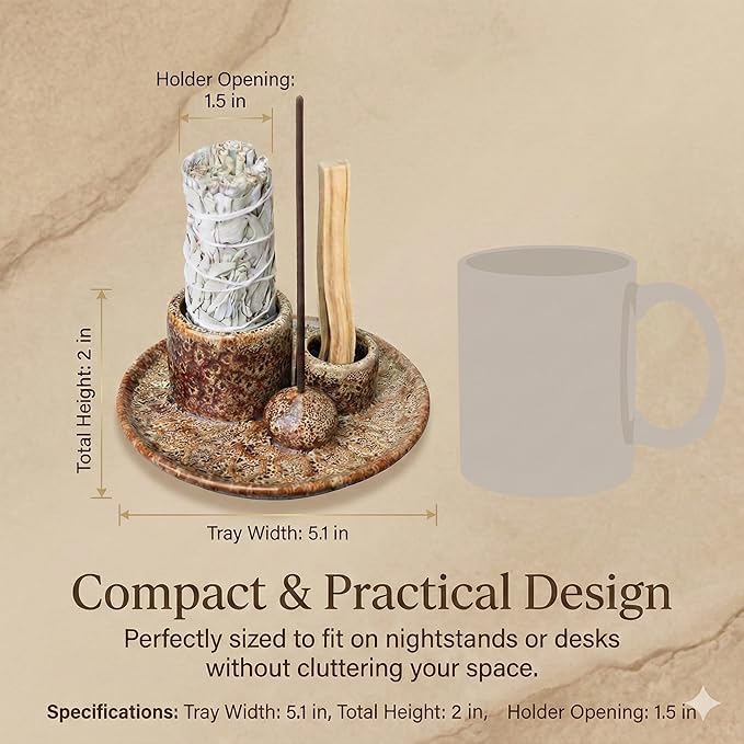 Palo Santo Sticks Holder, Multi-Purpose Handmade Ceramic Incense Burner for Palo Santo Incense Sticks, Sage Holder for Burning, Ash Catcher Tray for Meditation Yoga Room-Brown White