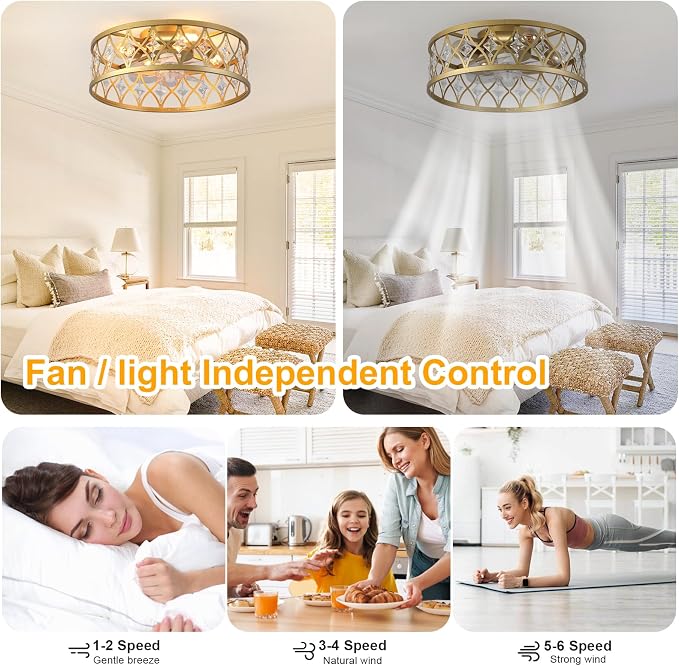 Garwarm Caged Ceiling Fan with Light,20" Ceiling Fans with Lights and Remote,Bladeless Fandelier Small Low Profile Ceiling Fan Light Fixture for Bedroom,Kitchen,Dining Room,Gold