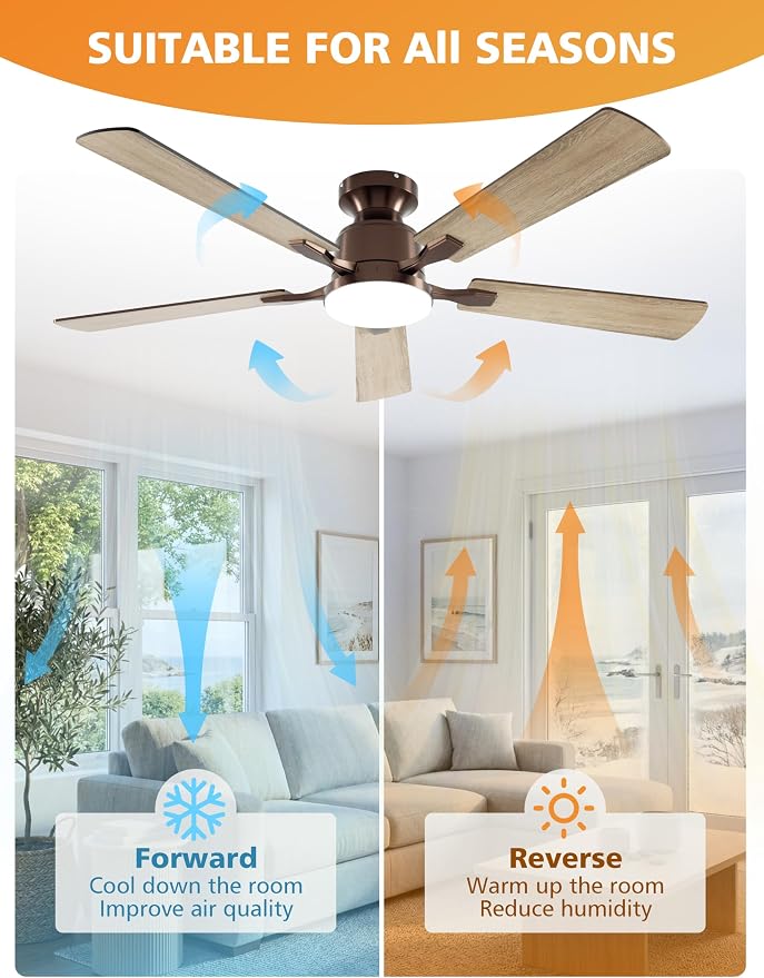 VOLISUN 52 Inch Ceiling Fan with Lights Flush Mount, Low Profile Ceiling Fans with Lights, Remote&APP Control,Dimmable 22W LED Light,Queit&Reversible Fan, Brown Ceilings Fans for Bedroom, Living Room