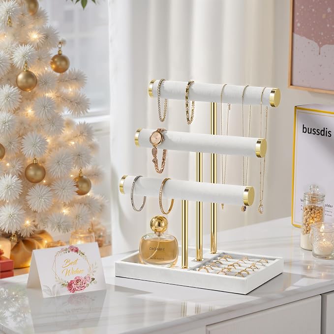 Jewelry Organizer Stand Display, 3 Tier Velvet Bracelet Holder, White | Jewelry Organizers and Storage | Jewelry Tree | Jewelry Towers for Necklaces, Bracelets, Earrings, Rings