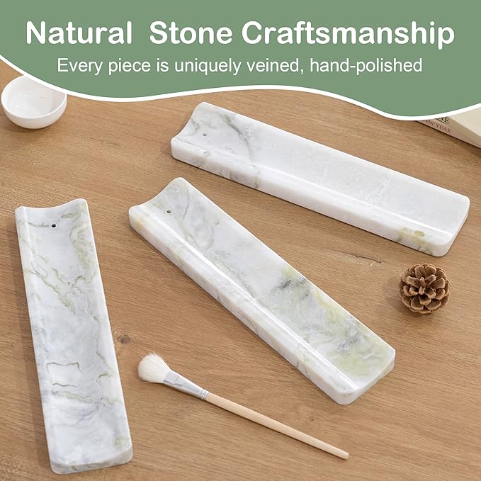 Marble Incense Holder Burner-Natural Stone Stick Incense Tray with Ash Catcher，20 Sticks & Brush - Elegant Decor for Meditation, Yoga, Home,Gift(White Green)