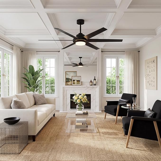 64 Inch Ceiling Fans with Lights, Large Ceiling fan with Light and Remote/APP Control, 3CCT, Dimmable, Noiseless DC Reversible Motor, 6 Blades Black Ceiling Fan for Bedroom Living Room Outdoor