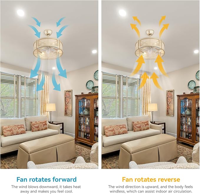20" Boho Ceiling Fans with Lights, Rattan Fandelier Ceiling Fan with Light Remote Control with Caged 6 Speeds for Bedroom, Nursery, Living Room (Gold)