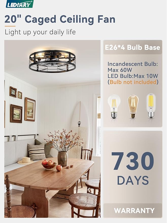 LEDIARY 20" Caged Ceiling Fan with light and Remote, Low Profile Flush Mount Fandelier, Black Bladeless Enclosed Small Fan Ceiling Light Fixtures, Rustic Farmhouse Style for Bedroom, Outdoor