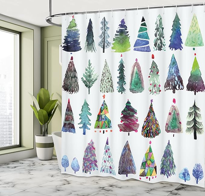 Ambesonne Christmas Shower Curtain, Watercolor Christmas Theme Fir Trees Artistic Abstract Silhouettes Illustration, Cloth Fabric Bathroom Decor Set with Hooks, 69" W x 84" L, Green Purple