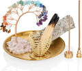 ZenBless 7 Chakra Healing Crystal Tree Incense Holder Palo Santo Sage Burner Brass Ash Catcher for Incense Sticks Coil Cones Yoga Meditation Zen Spiritual Room Home Decoration (Round)