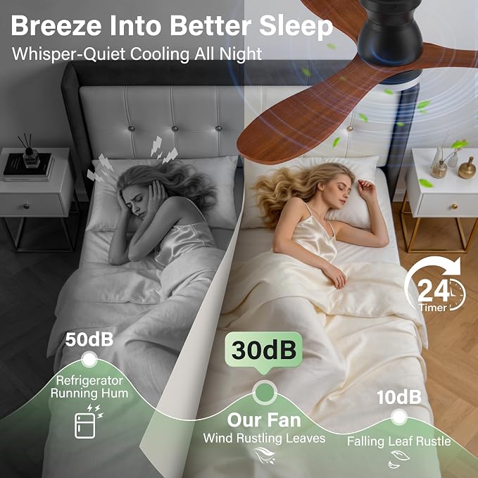 42 Inch Wood Ceiling Fans with Lights Remote,Smart Control via Alexa,APP,Quiet DC Motor,Dimmable,Outdoor Indoor, Flush Mount Hugger Modern Ceiling Fan for Low Profile Bedroom,Patio,Walnut Brown& Black
