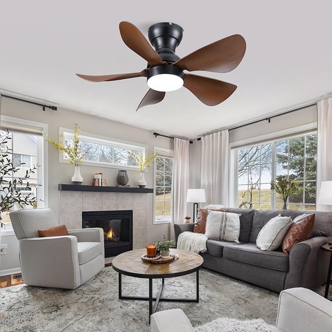 Kviflon Ceiling Fans with Lights and Remote/APP Control, 30 inch Low Profile Ceiling Fans with 5 Reversible Blades 3 Colors Dimmable 6 Speeds Ceiling Fan for Bedroom Dining Room, Wood Color