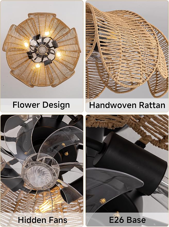 26" Boho Ceiling Fans with Lights and Remote,Black Handwoven Rattan Fandelier with 6 Speeds Timing for Kitchen Island,Dining Room,Living Room,Nursery