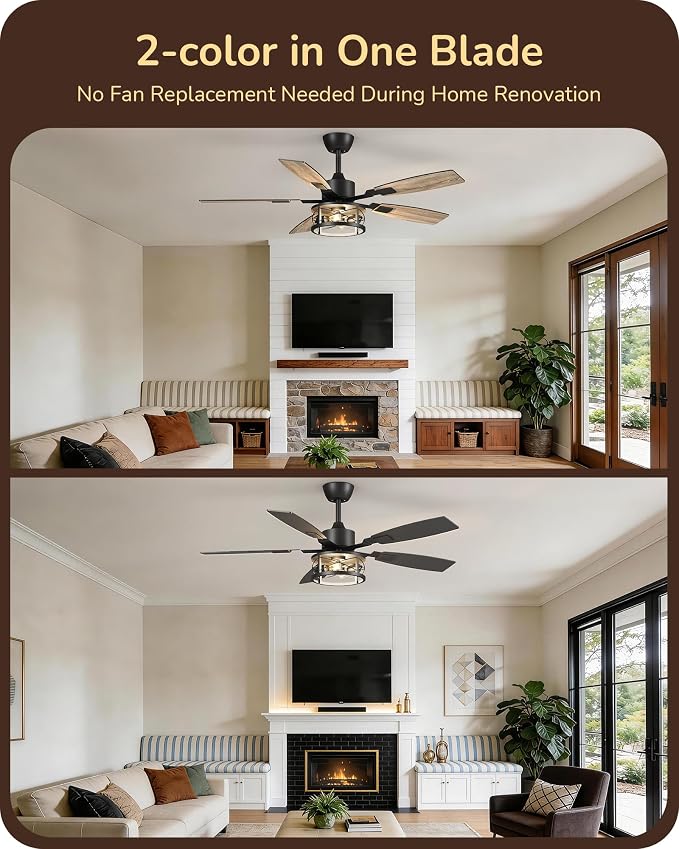 EDISHINE 52" Farmhouse Ceiling Fans with Lights and Remote, 10%-100% Dimmable, 6 Speeds, 5 Wood Blades, Reversible DC Motor, Timer, Quiet, Rustic Caged Fandelier Ceiling Fan for Bedroom Living Room