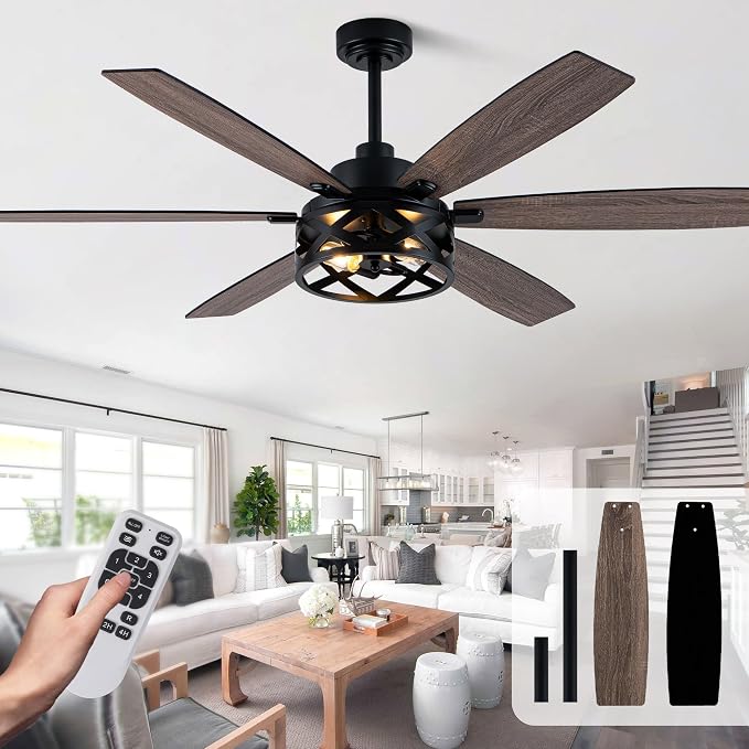 60 Inch Farmhouse Ceiling Fan with Light and Remote Black Rustic Ceiling Fan Quiet and Reversible DC Motor Caged Chandelier Fan for Living Room Bedroom