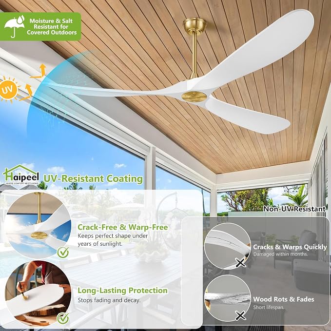 Haipeel 72 Inch Ceiling Fans without Lights, Wood Large Ceiling Fan no Light and Remote Control, Modern Indoor Outdoor Ceiling Fan no Light 3 Blade Propeller for Patios Garage High cfm, White Gold