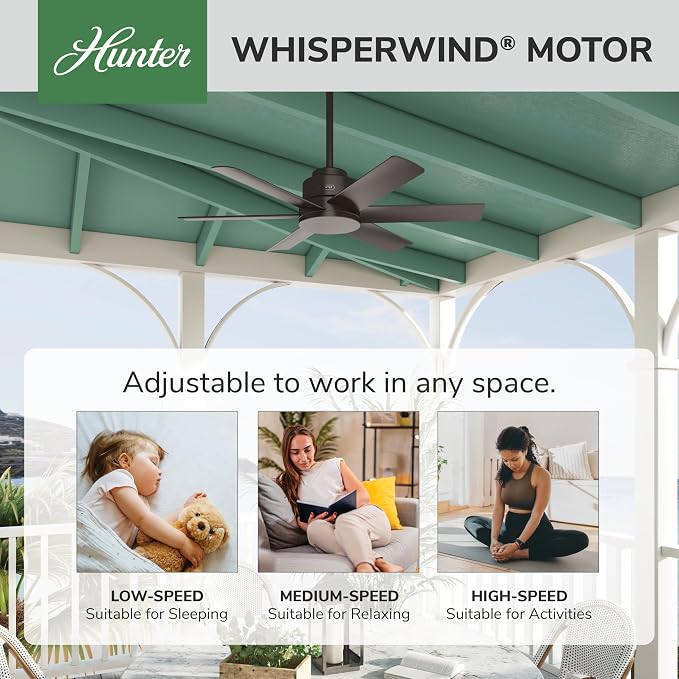 Hunter Kennicott, Outdoor or Indoor, Ceiling Fan, 44 inch, Premier Bronze | SureSpeed high velocity airflow and no-light design suit covered patios, porches, offices, or small rooms with easy setup.