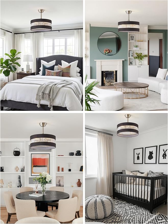 Black and Silver Crystal Fandelier Ceiling Fans with Lights, 20" Farmhouse Rustic Ceiling Fan with Light Remote Control, Caged Mid-Century with 6 Speeds for Bedroom, Nursery, Living Room
