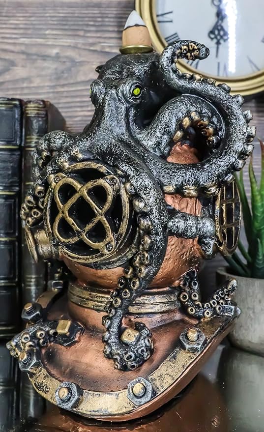 Ebros Gift Nautical Ocean Marine Octopus Kraken Smothering A Steampunk Divers Helmet Incense Cone Burner Holder Resin Statue Sea Cthulhu Giant Octopuses Themed Decorative Figurine