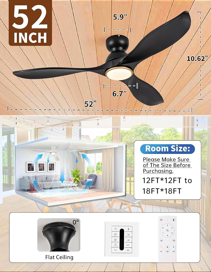 52 Inch Flush Mount Ceiling Fans with Lights and Remote,Black and Gold Low Profile Ceiling Fan with Light,Dimmable,Quiet Noiseless DC Motor for Patios,Living Room,Bedroom(Wall Control Switch)
