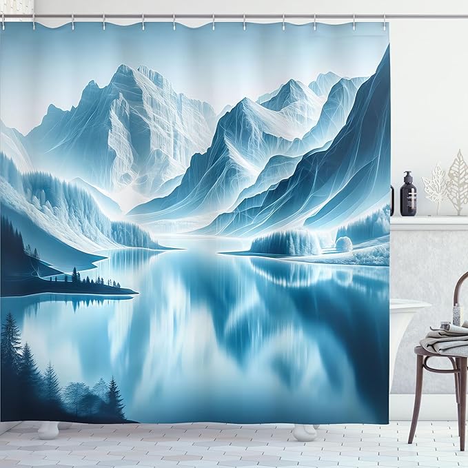 Ambesonne Lake Shower Curtain, Cold Mountain Peaks Hazy Reflection on ICY Water Nature Scenery Winter View, Cloth Fabric Bathroom Decor Set with Hooks, 69" W x 75" L, Pale Blue Petrol Blue