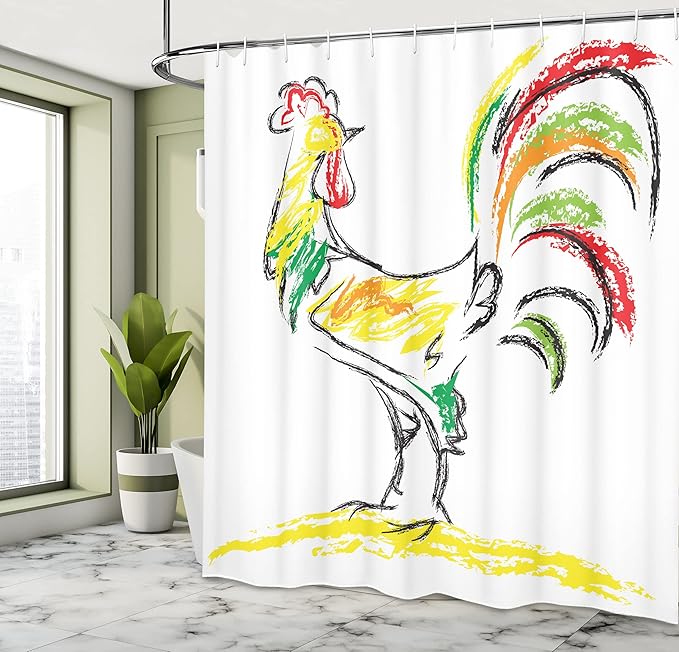 Ambesonne Gallus Shower Curtain, Rooster Chicken Tail Farm Animal Oil Pencil Drawing Effect Art, Cloth Fabric Bathroom Decor Set with Hooks, 69" W x 70" L, Yellow Black