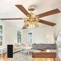 Farmhouse Ceiling Fans with Lights, 52 Inch Ceiling Fan with Remote for Bedroom Living room, Rustic Caged Fandelier with 5 Dual Finish Blades, Reversible Quiet Motor for Indoor/Outdoor, Gold