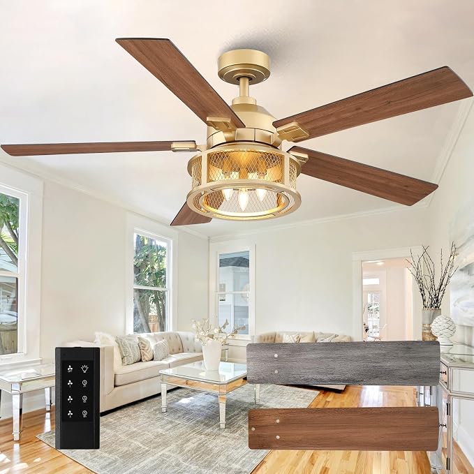 Farmhouse Ceiling Fans with Lights, 52 Inch Ceiling Fan with Remote for Bedroom Living room, Rustic Caged Fandelier with 5 Dual Finish Blades, Reversible Quiet Motor for Indoor/Outdoor, Gold