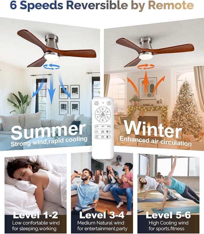 42-Inch Brushed Nickel Ceiling Fan with Lights, Remote Control, Flush Mount, Dimmable, Reversible, Wood Blades, Power-Off Memory, Modern Hugger Ceiling Fan for Indoor Outdoor