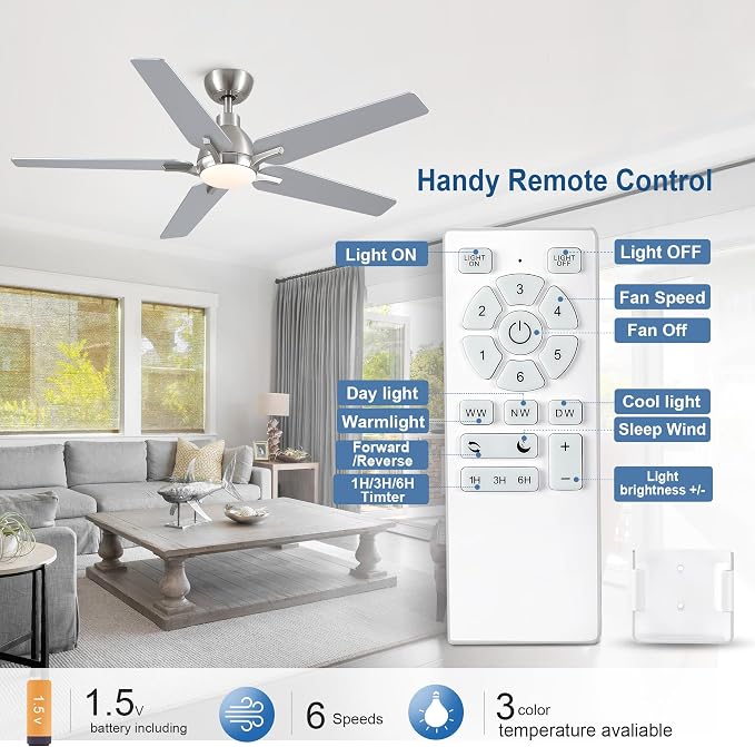 52 Inch Ceiling Fan with Light and Remote Cortrol, Brushed Nickel | 6-Speed Quiet Reversible DC Motor, 3CCT Dimmable 24W LED Light, 5 Wood Blades,Used for Bedroom, Living Room, Covered Patio