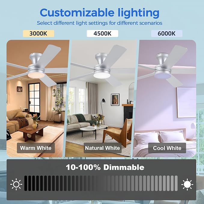 Ayaoty 46" Ceiling Fans with Lights and Remote - Flush Mount Ceiling Fan Light with ABS Blades and 3CCT Dimmable, Reversible, Low Profile Fan Light for Indoor Modern Bedroom, Kitchen Silver