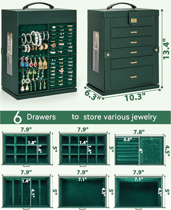 AKOZLIN 6-Tier Jewelry Box Organizer Functional 5 Drawers Leather Jewelry Storage Case for Women Girls Ring Necklace Earring Bracelet Holder Organizer with Mirror XL Green 360° Rotating