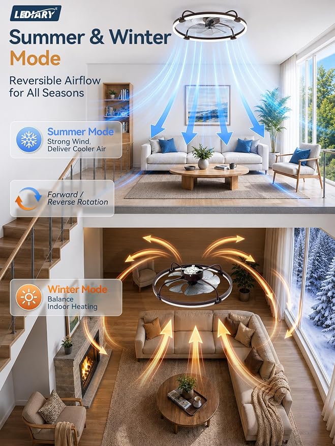 LEDIARY Ceiling Fans with Lights and Remote, Low Profile fan Light, Brown | 24 Inch 3000K-6000K Stepless Dimmable Fandelier, Reversible DC Motor, Remote and APP Control, Bedroom Kitchen Living Room