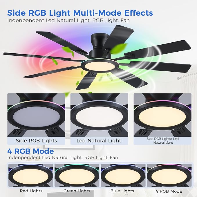 Ayaoty Ceiling Fans with Lights -60in Flush Mount Ceiling Fan with RGB Dimmable, 3CCT 6 Wind Speeds and Reversible Quiet Motor, Low Profile RGB Fan Light for Modern Indoor, Party - Black
