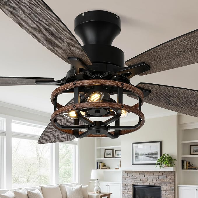 52 Inch Flush Mount Farmhouse Ceiling Fan with Light Rustic Caged Low Profile Ceiling Fan for Living Room Bedroom Patio