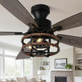 52 Inch Flush Mount Farmhouse Ceiling Fan with Light Rustic Caged Low Profile Ceiling Fan for Living Room Bedroom Patio