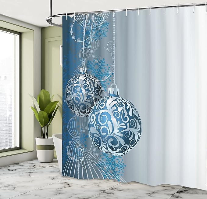 Ambesonne Christmas Shower Curtain, Abstract Pattern Snowflake Motifs Curlicues on Baubles Season, Cloth Fabric Bathroom Decor Set with Hooks, 69" W x 70" L, Blue Pale Blue White