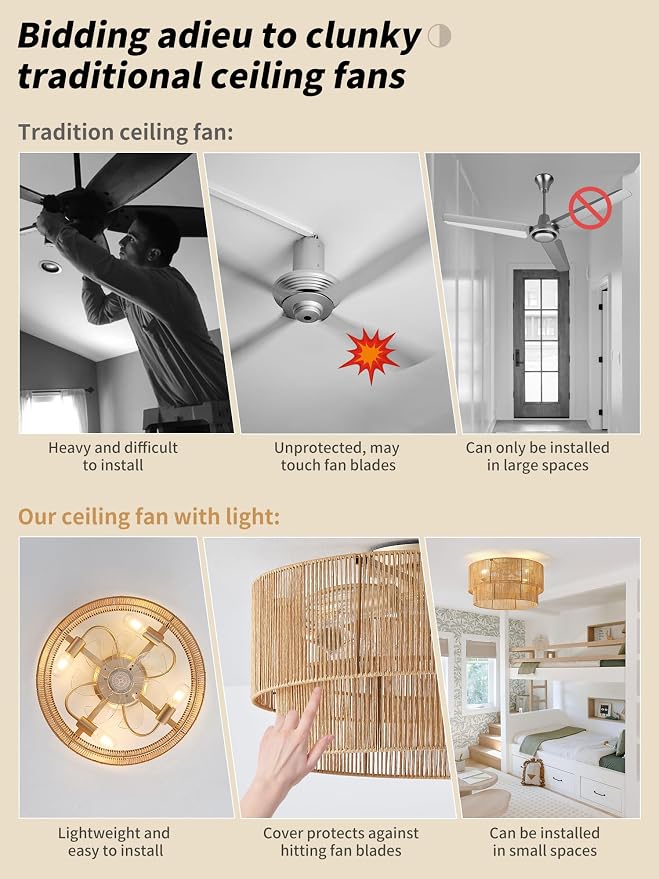 SYDACG Flush Mount Ceiling Fan with Lights Low Profile, 20" Rattan Boho Ceiling Fan with Light Remote Control, Bladeless Caged with 6 Speeds for Bedroom, Living Room, Nursery