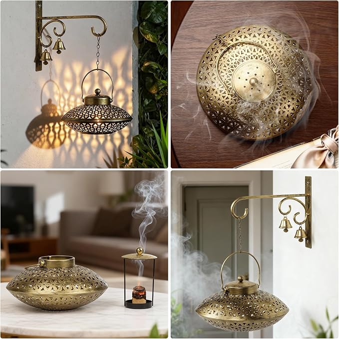 Lotoo Hanging Incense Burner, Cone Incense Holder with Brass Bells, Vintage Antique Home Room Wall Decor for House Warming Spiritual Reiki Yoga Meditation Gifts for Women Men