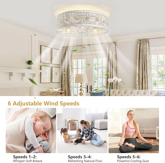 Garwarm 20" Ceiling Fans with Lights,Flush Mount Vintage Farmhouse Rustic Crystal Fandelier,Low Profile Farmhouse Caged Ceiling Fan with Light and Remote for Bedroom,Kitchen,Indoor