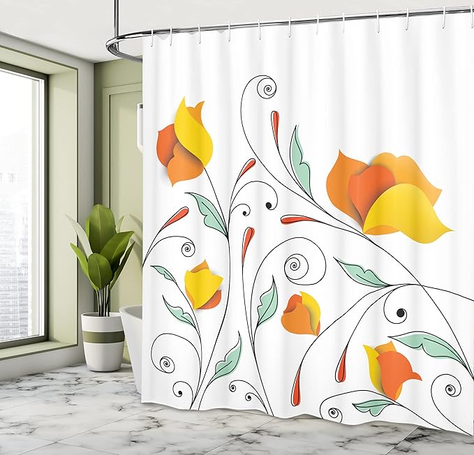 Ambesonne Floral Shower Curtain, Bouquet with Swirled Branches Romantic Paper Flowers Origami Autumn Blooms Image, Cloth Fabric Bathroom Decor Set with Hooks, 69" W x 84" L, Mint Orange