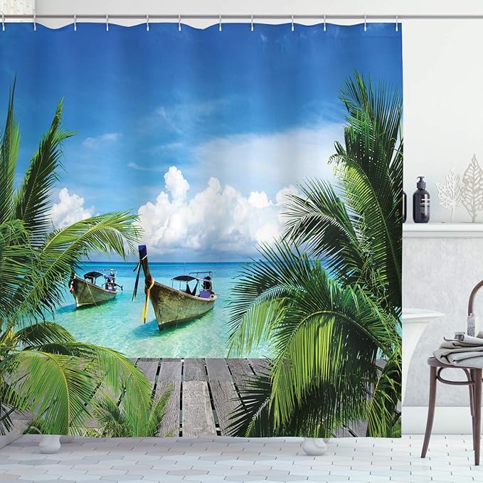 Ambesonne Tropical Shower Curtain, Beach and Tropical Sea Wooden Deck Floating Boats Sunshine Idyllic Daytime, Cloth Fabric Bathroom Decor Set with Hooks, 69" W x 70" L, Green Gray