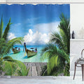 Ambesonne Tropical Shower Curtain, Beach and Tropical Sea Wooden Deck Floating Boats Sunshine Idyllic Daytime, Cloth Fabric Bathroom Decor Set with Hooks, 69" W x 70" L, Green Gray