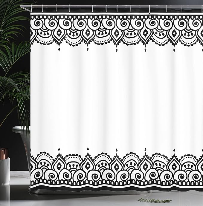 Ambesonne Orient Shower Curtain, Middle Eastern Ornamental Style Floral Damask Moroccan Pattern Illustration, Cloth Fabric Bathroom Decor Set with Hooks, 69" W x 84" L, Charcoal White